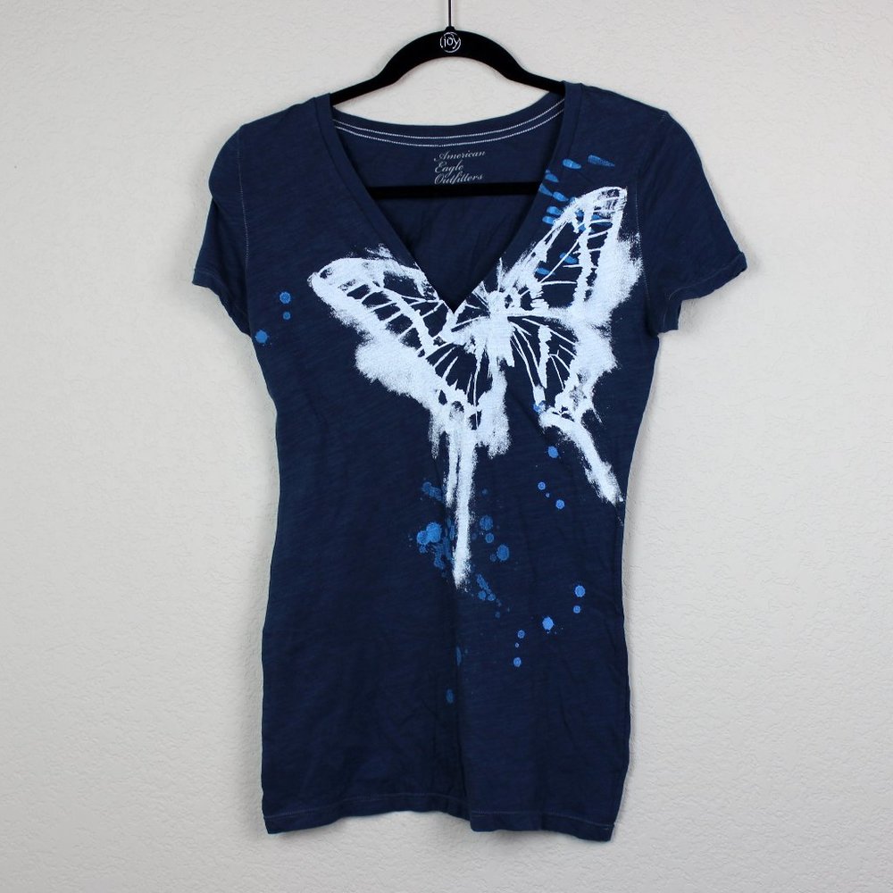 American Eagle Butterfly Graphic Tee Blue V Neck Fitted Y2K Medium